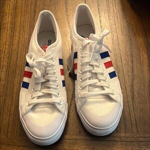 Adidas Men's White Sneakers with Red and Blue Stripes 10.5